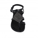 Sandalia de dedo en piel estampada negra con estrás y cinturon para mujer tacon 4 - Tallas disponibles:  33, 34, 42, 43, 44, 46