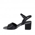 Woman's strap sandal in black leather and silver laminated leather heel 5 - Available sizes:  31, 33, 42, 43, 44