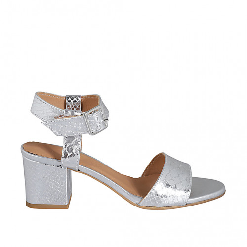 Woman's sandal in silver printed laminated patent leather with strap heel 5 - Available sizes:  31, 43, 44, 46