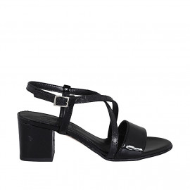 Sandale pour femmes en cuir verni et cuir imprimé noir talon 5 - Pointures disponibles:  43
