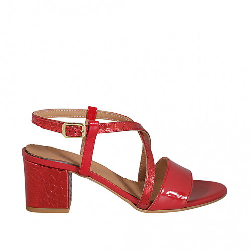 Woman's sandal in red printed leather and patent leather heel 5 - Available sizes:  42, 43, 44, 45