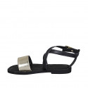 Woman's sandal with crossed strap in black and platinum laminated leather heel 1 - Available sizes:  32, 33, 34, 42, 43, 44, 46