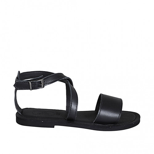 Woman's sandal with crossed strap in black leather heel 1 - Available sizes:  32, 42, 43, 45