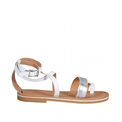 Woman's thong sandal with crossed strap in white and silver laminated leather heel 1 - Available sizes:  42, 43, 44