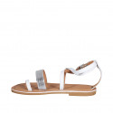 Woman's thong sandal with crossed strap in white and silver laminated leather heel 1 - Available sizes:  33, 42, 43, 44