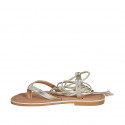 Woman's flip-flop gladiator sandal in platinum laminated leather heel 1 - Available sizes:  43