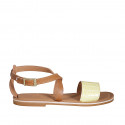 Woman's sandal with crossed strap in cognac brown leather and yellow printed leather heel 1 - Available sizes:  32, 42, 43, 44, 45