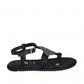 Sandale pour femmes en cuir imprimé noir avec courroie et strass talon compensé 1 - Pointures disponibles:  32, 33, 42, 43