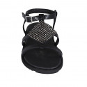 Woman's sandal in black printed leather with strap and rhinestones wedge heel 1 - Available sizes:  32, 33, 34, 42, 43