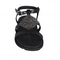 Woman's sandal in black printed leather with strap and rhinestones wedge heel 1 - Available sizes:  32, 33, 42, 43