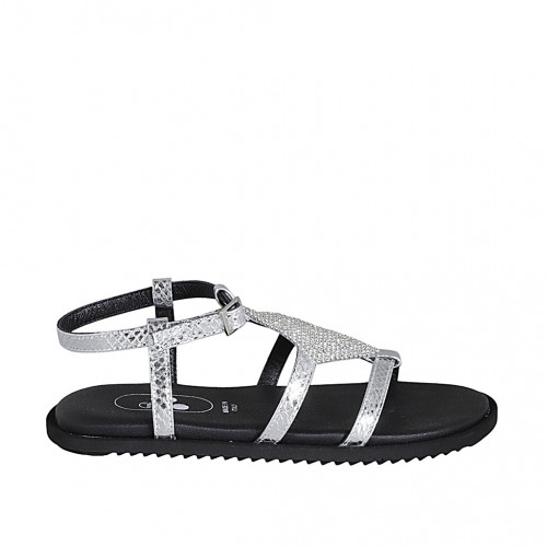 Sandalo da donna in pelle stampata laminata argento con cinturino e strass zeppa 1 - Misure disponibili: 32, 34, 42, 43
