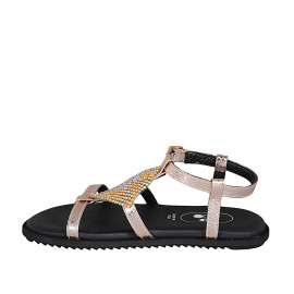 Woman's sandal in copper laminated printed leather with strap and rhinestones wedge heel 1 - Available sizes:  32, 33, 34, 42 2
