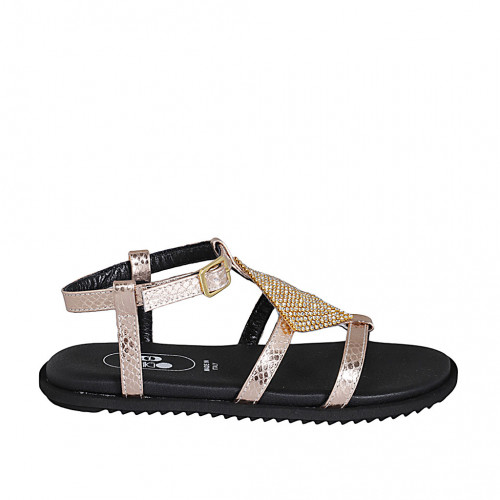 Woman's sandal in copper laminated printed leather with strap and rhinestones wedge heel 1 - Available sizes:  32, 33, 34, 42, 43, 44, 46