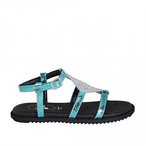 Sandale pour femmes en cuir imprimé lamé turquoise avec courroie et strass talon compensé 1 - Pointures disponibles:  32, 33, 34, 42, 43, 44, 45, 46