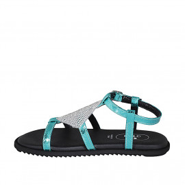 Woman's sandal in turquoise laminated printed leather with strap and rhinestones wedge heel 1 - Available sizes:  32, 33, 34, 42, 43 2