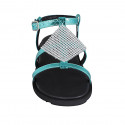 Woman's sandal in turquoise laminated printed leather with strap and rhinestones wedge heel 1 - Available sizes:  32, 33, 34, 42, 43, 44, 45, 46