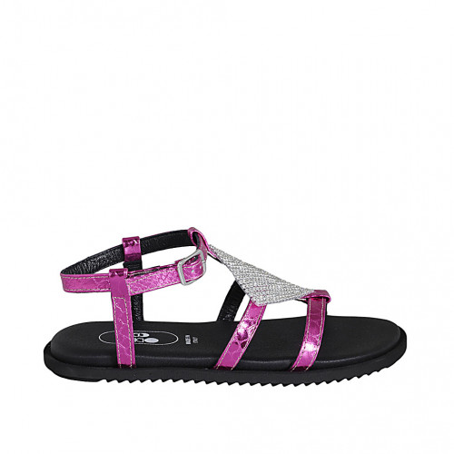 Woman's sandal in pink laminated printed leather with strap and rhinestones wedge heel 1 - Available sizes:  32, 33, 34, 42, 43, 44, 45, 46
