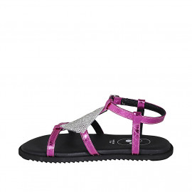 Woman's sandal in pink laminated printed leather with strap and rhinestones wedge heel 1 - Available sizes:  32, 33, 34, 42, 43, 44 2