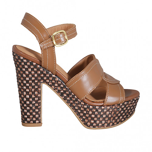 Woman's sandal in cognac brown leather with strap, platform and braided heel 12 - Available sizes:  33, 34, 43, 45