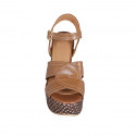 Woman's sandal in cognac brown leather with strap, platform and braided heel 12 - Available sizes:  33, 34, 43, 45