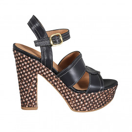 Woman's sandal in black leather with strap, platform and braided heel 12 - Available sizes: 32, 34