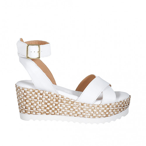 Woman's strap platform sandal in white leather with braided wedge heel 7 - Available sizes:  42, 43