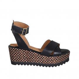 Woman's strap platform sandal in black leather with braided wedge heel 7 - Available sizes:  42