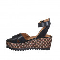 Woman's strap platform sandal in black leather with braided wedge heel 7 - Available sizes:  31, 42, 43, 44