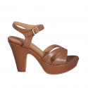 Woman's sandal in cognac brown leather with strap, platform and heel 9 - Available sizes:  42, 43