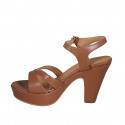 Woman's sandal in tan brown leather with strap, platform and heel 9 - Available sizes:  42, 43, 45