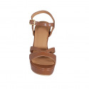 Woman's sandal in cognac brown leather with strap, platform and heel 9 - Available sizes:  42, 43