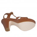 Woman's sandal in cognac brown leather with strap, platform and heel 9 - Available sizes:  42, 43