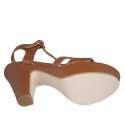 Woman's sandal in tan brown leather with strap, platform and heel 9 - Available sizes:  42, 43, 45