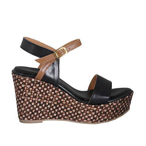 Woman's strap platform sandal in black and cognac brown leather with braided wedge heel 9 - Available sizes:  42, 43, 44