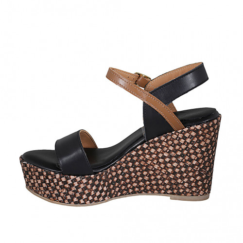 Woman s strap platform sandal in black and tan brown leather with braided wedge heel 9