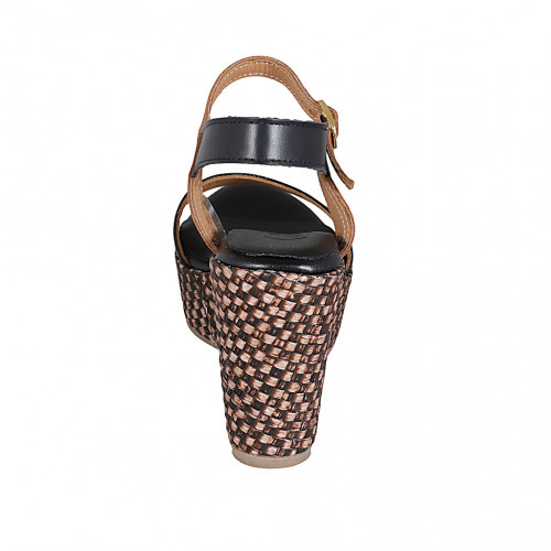 Woman s strap platform sandal in black and tan brown leather with braided wedge heel 9