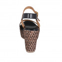 Woman's strap platform sandal in black and cognac brown leather with braided wedge heel 9 - Available sizes:  42, 43, 44