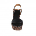 Woman's strap platform sandal in black and cognac brown leather with braided wedge heel 9 - Available sizes:  42, 43, 44