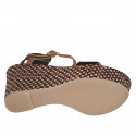 Woman's strap platform sandal in black and cognac brown leather with braided wedge heel 9 - Available sizes:  42, 43, 44