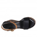 Woman's strap platform sandal in black and cognac brown leather with braided wedge heel 9 - Available sizes:  42, 43, 44