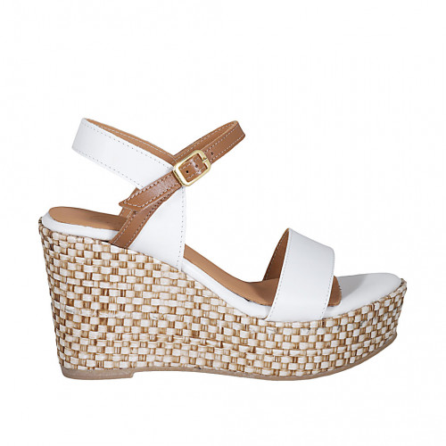 Woman s strap platform sandal in white and tan brown leather with