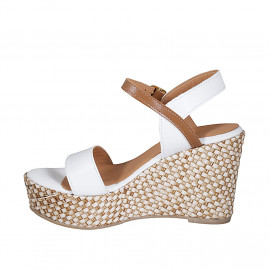 Woman's strap platform sandal in white and cognac brown leather with braided wedge heel 9 - Available sizes:  42, 43, 44 2