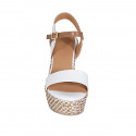 Woman's strap platform sandal in white and cognac brown leather with braided wedge heel 9 - Available sizes:  42, 43, 44