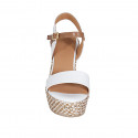 Woman's strap platform sandal in white and tan brown leather with braided wedge heel 9 - Available sizes:  42, 43, 44