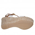 Woman's strap platform sandal in white and cognac brown leather with braided wedge heel 9 - Available sizes:  42, 43, 44