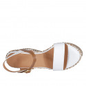 Woman's strap platform sandal in white and cognac brown leather with braided wedge heel 9 - Available sizes:  42, 43, 44