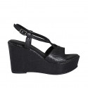 Woman's platform sandal in black laminated leather wedge heel 9 - Available sizes:  31, 32, 42, 43, 44, 45