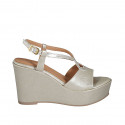 Woman's platform sandal in platinum laminated leather wedge heel 9 - Available sizes:  31, 42, 43, 44, 45, 46
