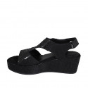 Woman's sandal with velcro strap in black printed fabric wedge heel 7 - Available sizes:  42, 43, 44
