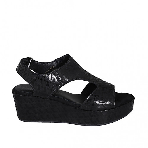 Woman's sandal with velcro strap in black printed fabric wedge heel 7 - Available sizes:  42, 43, 44